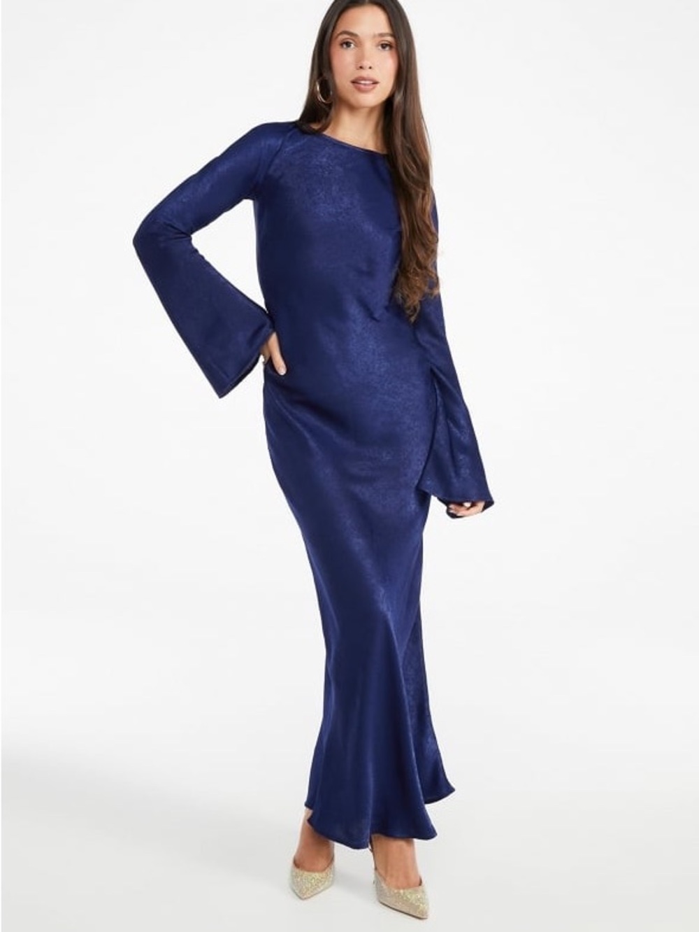 JustFab Midnight Blue Long Sleeve Bell-Sleeve Maxi Dress